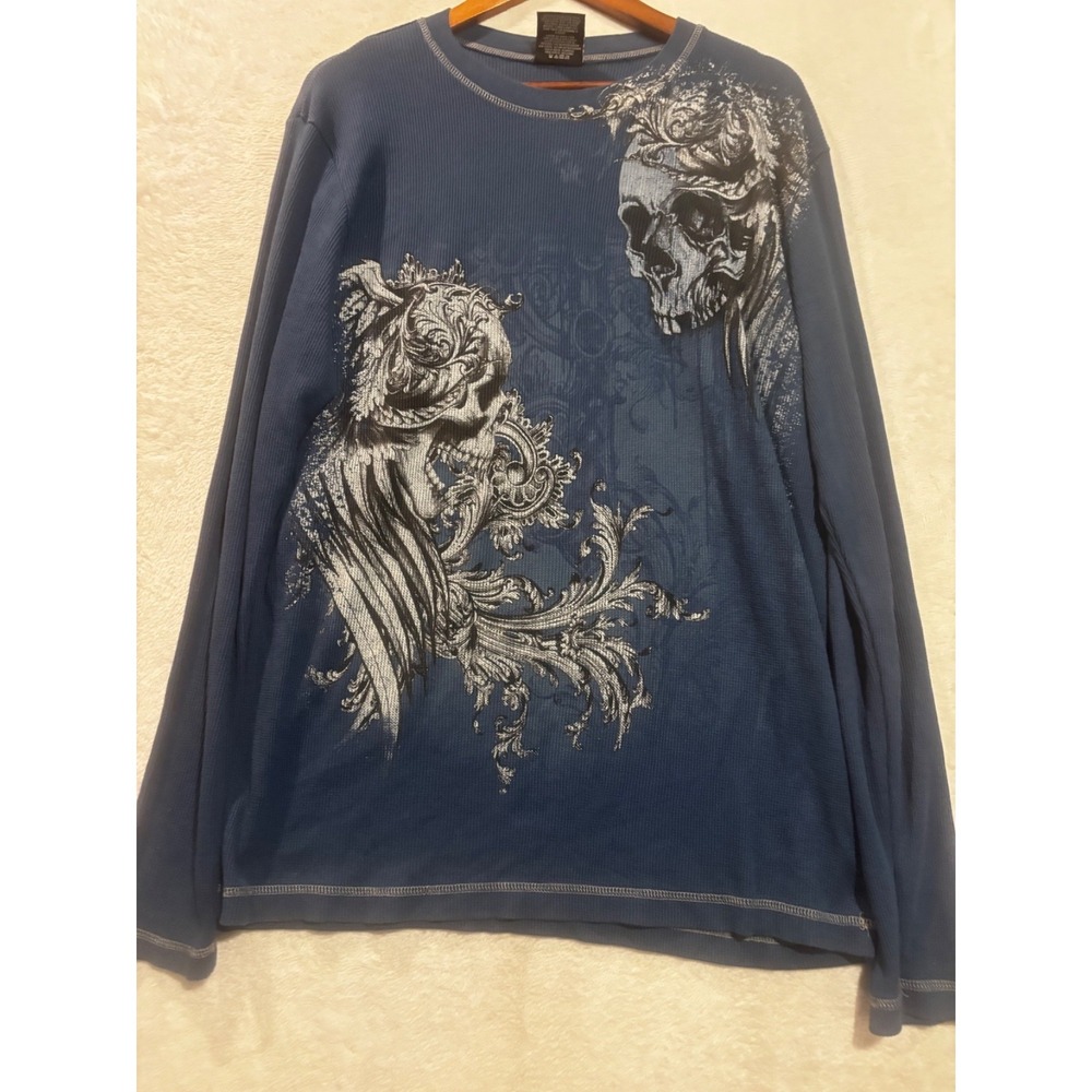 Glory Skull Wing Grunge Cyber Y2K Thermal Style Shirt Blue Size XL No Boundaries